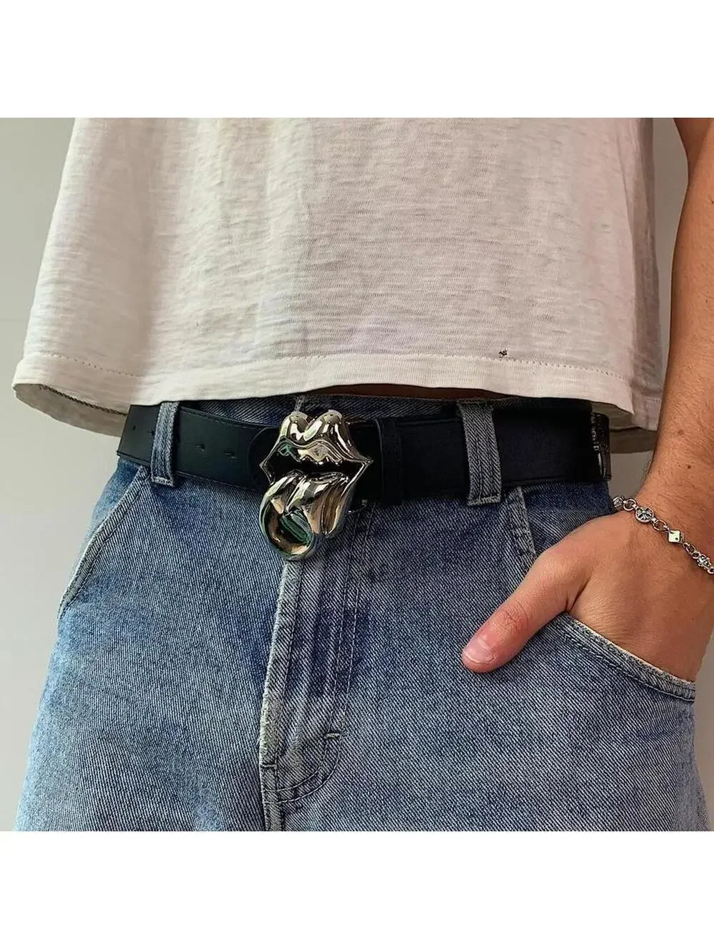 Grunge punk style Lip Tongue silver belt buckle. Punk gothic y2k style. 41 inche